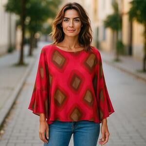 IndoMario Womens Abstract Geometric Blouse Dark Coral Brown Size S/M